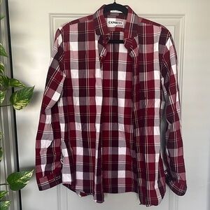 Express Men's Burgundy and White Plaid Shirt